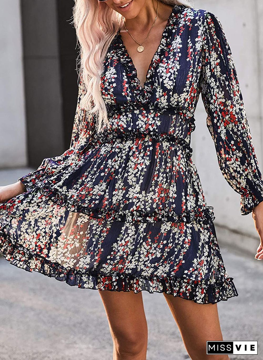 Ditsy Floral Prints Ruffle Edge Tiered Long Sleeve Boho Dress