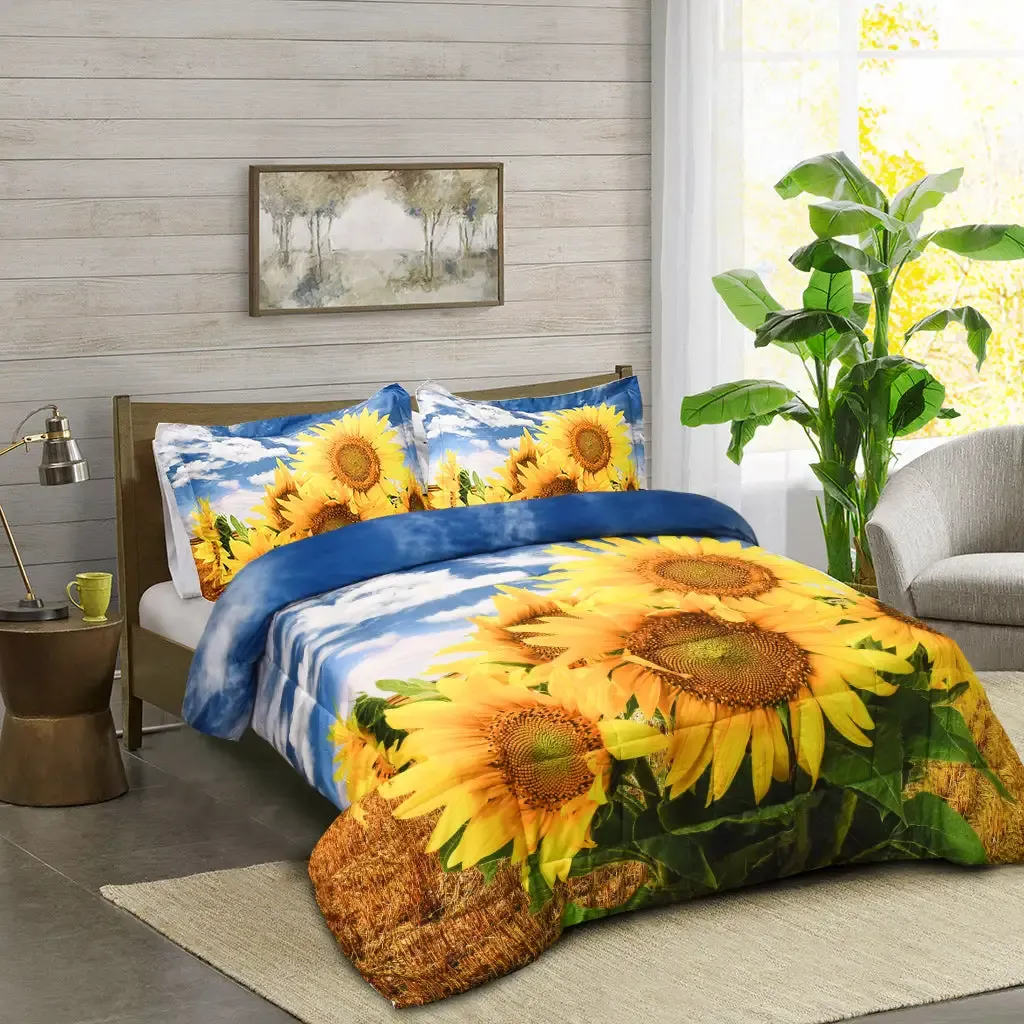 3D Print Sunflower Box Stitched Lightweight All Season Comforter Set