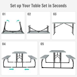 Gymax Metal Outdoor Folding Picnic Table and Bench Set for Camping BBQ with Steel Frame Grey GYM09691