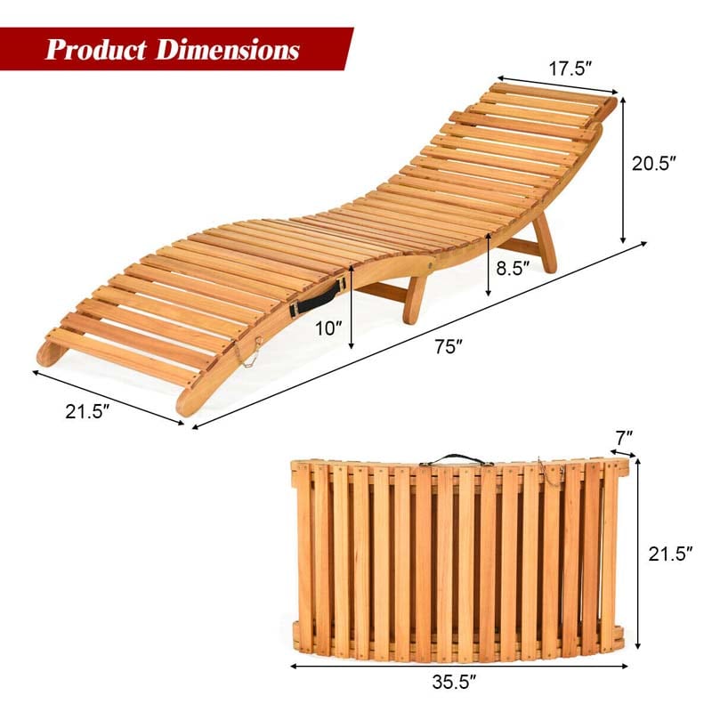 Wood Folding Patio Chaise Lounge Chair, Double-Sided Cushioned Outdoor Sun Lounger for Pool Beach Lawn