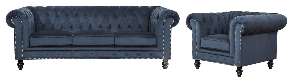 Central Chesterfield 2 Piece Velvet Sofa and Armchair Set  Blue   Traditional   Living Room Furniture Sets   by Abbyson Living  Houzz