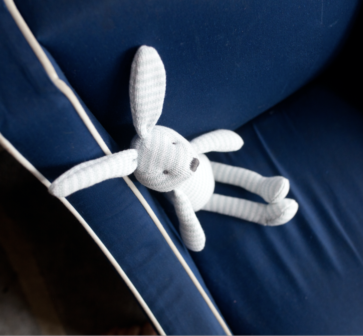 Blue Striped Bunny Knit Plush Toy by Mon Ami