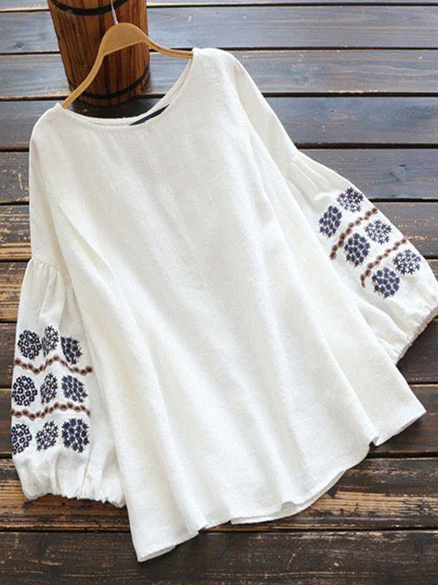 Casual Loose Embroidered Crew Neck Long Sleeve Blouse