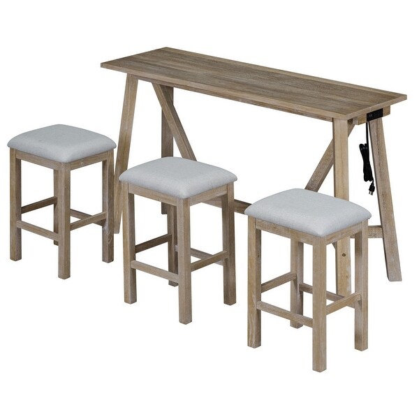 4 piece bar table with 3 upholstered stools， dining table， wooden bar table with USB port and power bank