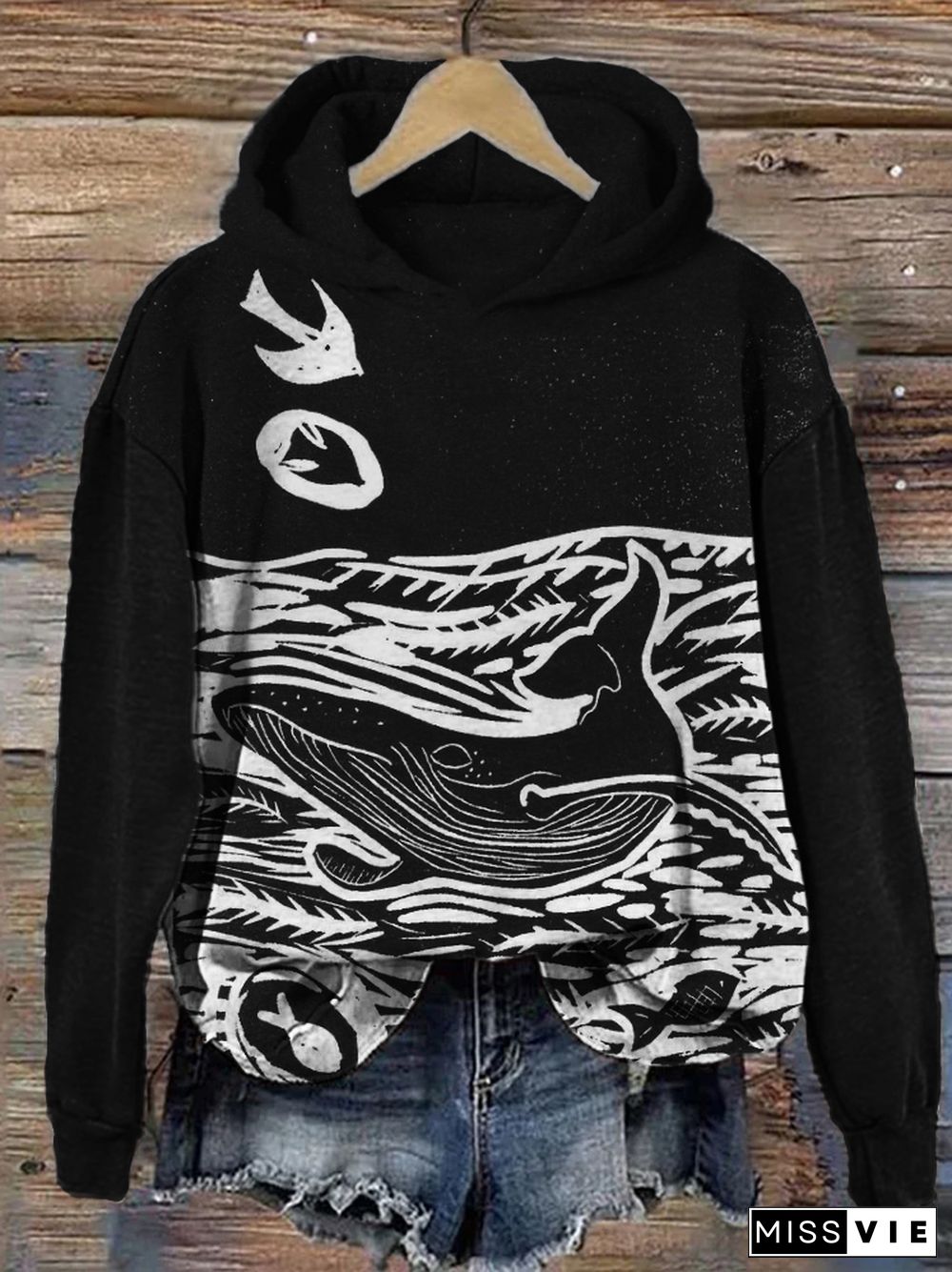 Whale & Ocean Japanese Lino Art Cozy Hoodie