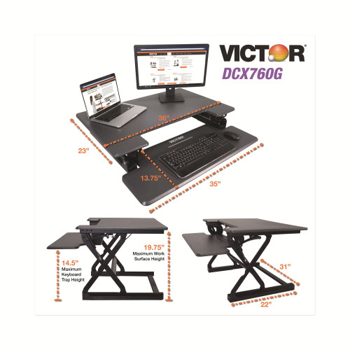 Victor High Rise Height Adjustable Standing Desk with Keyboard Tray， 36