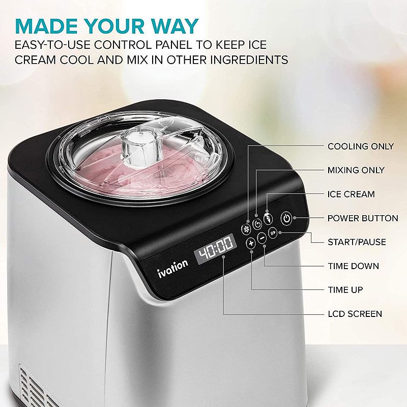 Ivation Automatic Ice Cream Maker Machine w/Built-in Compressor， 1.2 Qt Gelato Maker