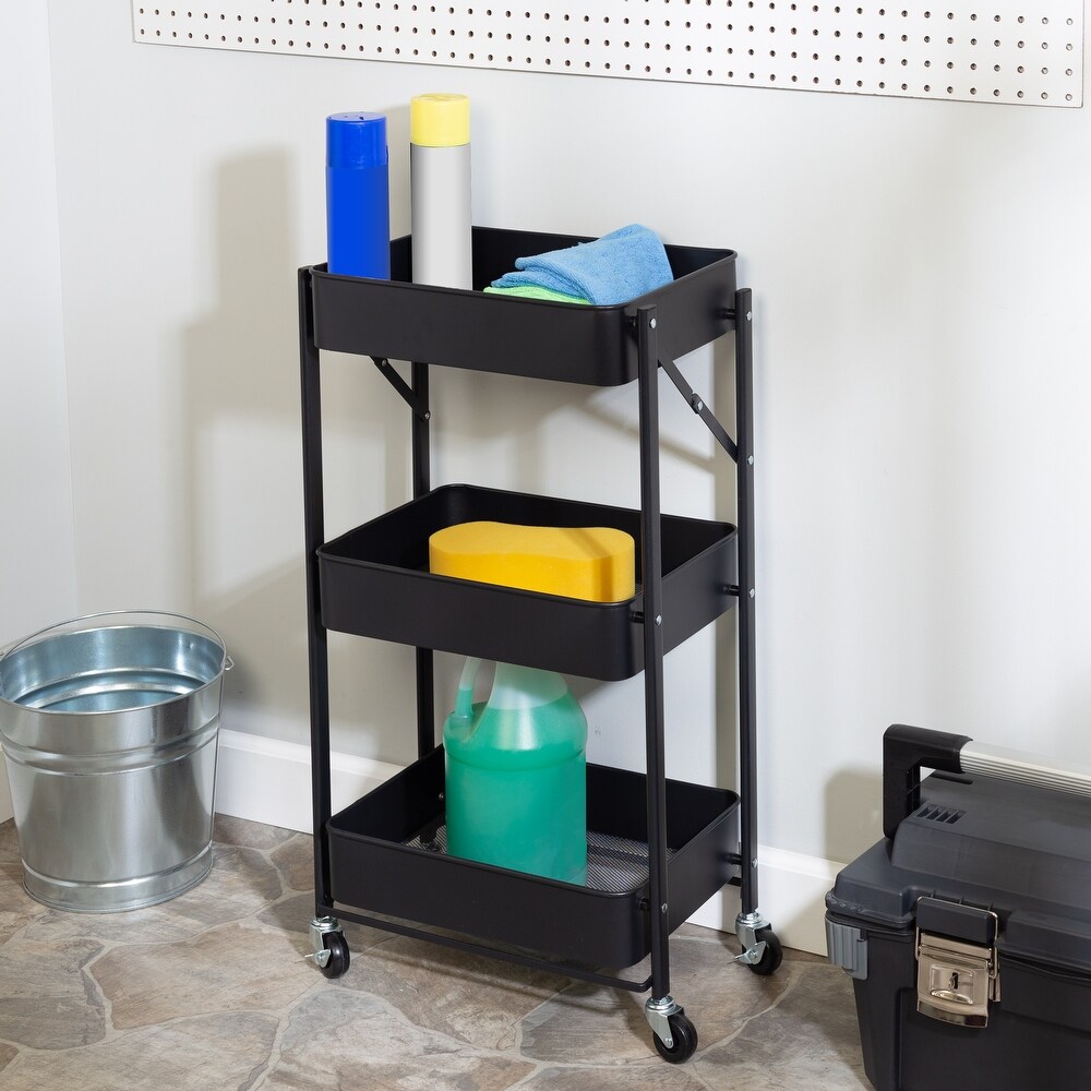 Black Metal Folding 3 Tier Utility Cart