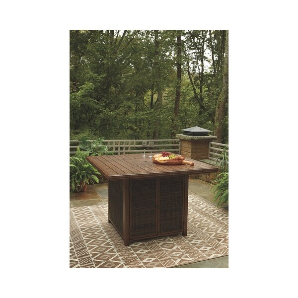 Signature Design by Ashley Paradise Trail Outdoor Medium Brown Square Bar Table with Fire Pit