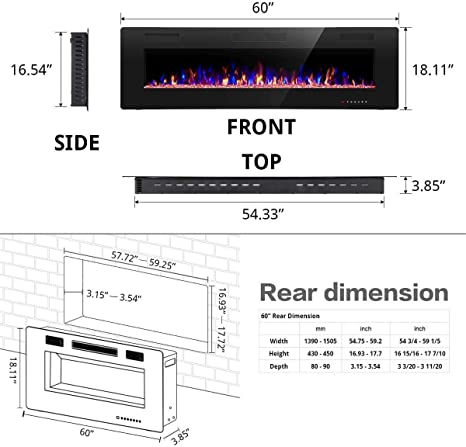 R.W.FLAME 60" Electric Fireplace in-Wall Recessed and Wall Mounted 1500W Fireplace Heater and Linear Fireplace with Timer/Multicolor Flames/Touch Screen/Remote Control (Black)