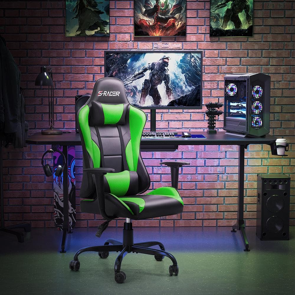 LACOO Gaming Chair High Back Racing Computer Chair PU Leather Adjustable Seat Height Swivel Chair with Headrest(Green) T-OCRC8S79