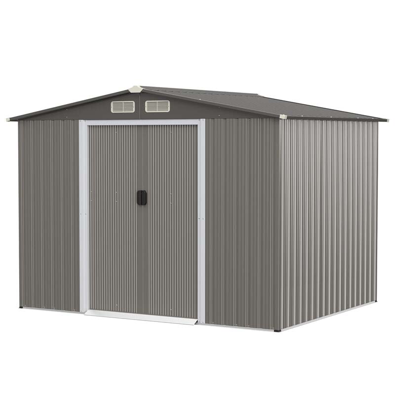 8 x 6 FT Outdoor Metal Storage Shed Garden Tool Storage Room with Foundation, 4 Louvers, Double Doors & Ramp