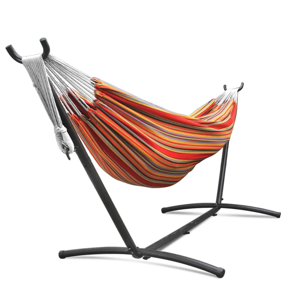 Double Hammock with Steel Stand Combo Space Saving Elegant Tropical Stripe with Portable Carrying Case