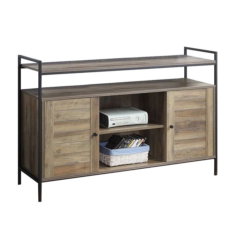 TV Stand with 2 Door Storage and Plank Details， Rustic Brown