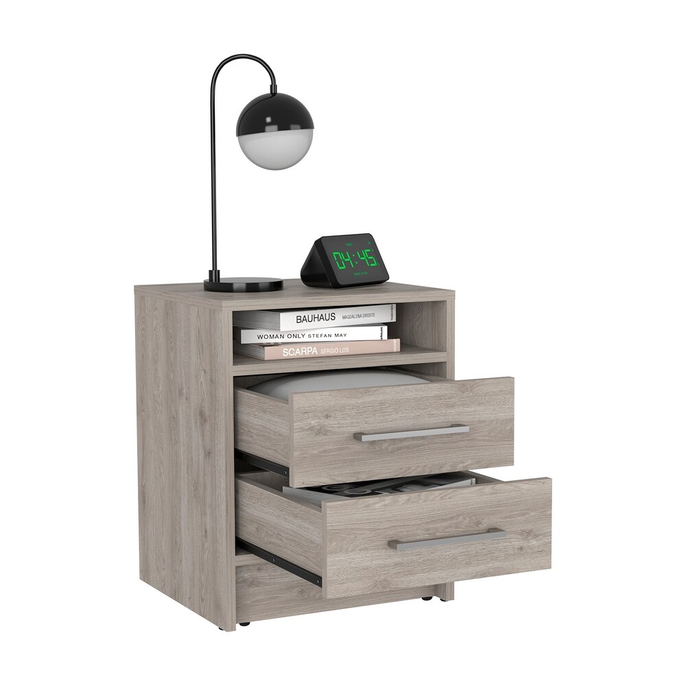 Wooden Nightstand with Two Drawers and Metal Handles