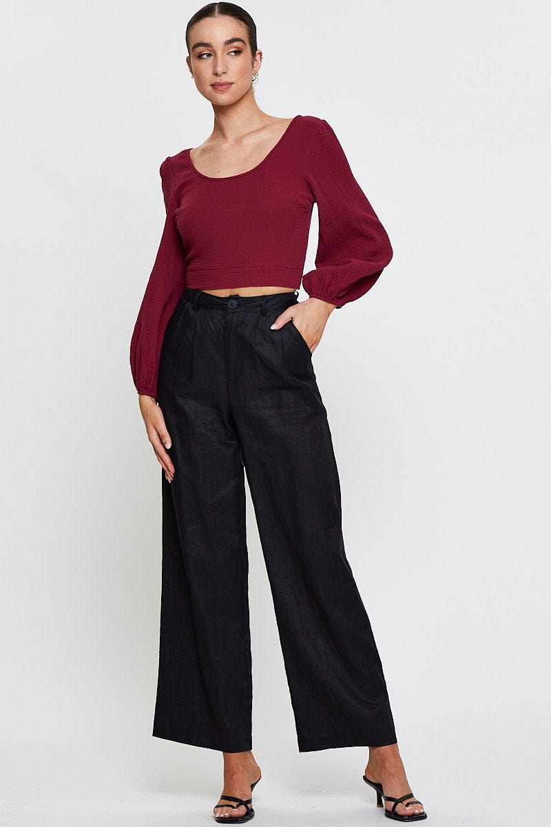 Red Crop Top Long Sleeve Round Neck