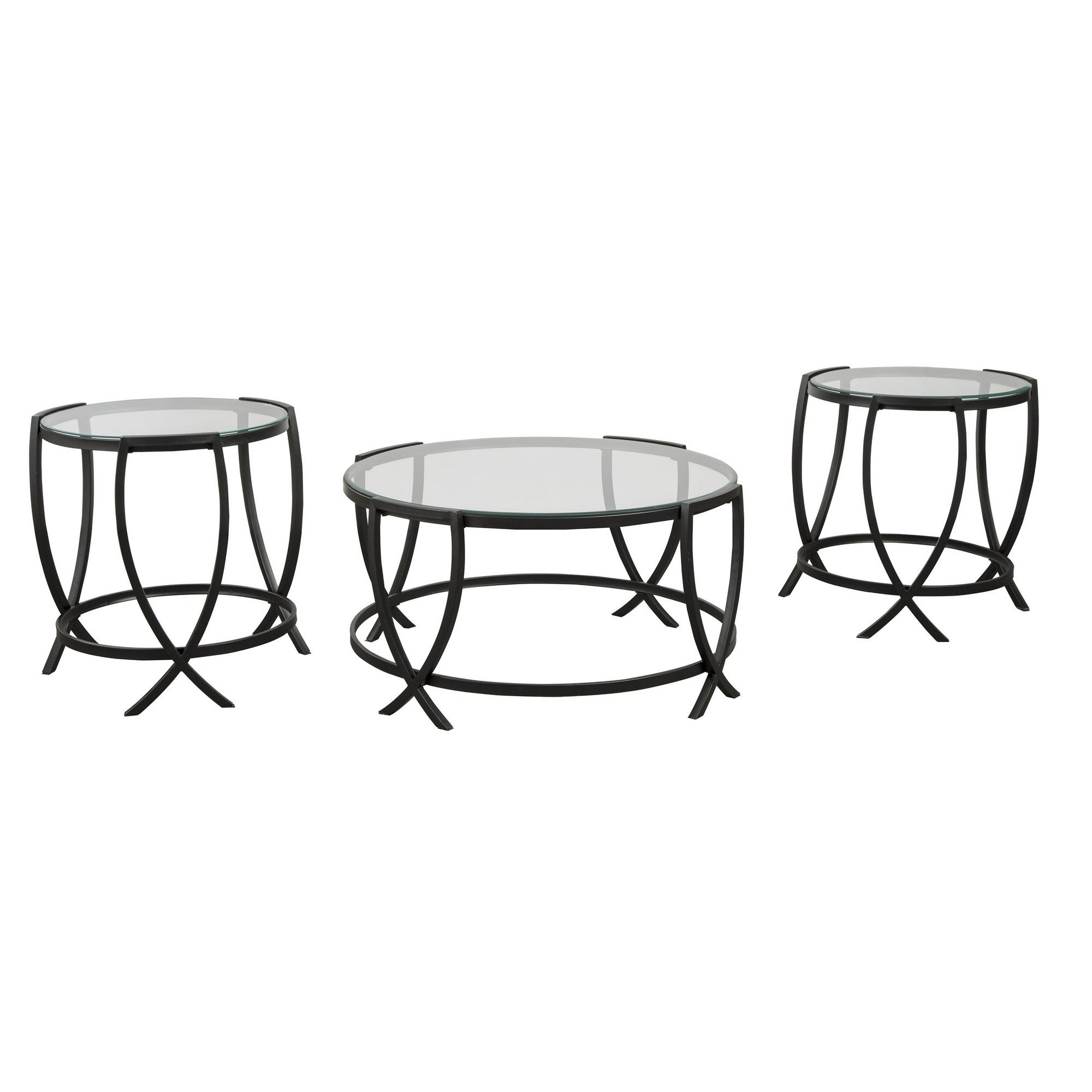 Contemporary Round Table Set with Glass Top and Geometric Metal Body， Black - 3 pieces