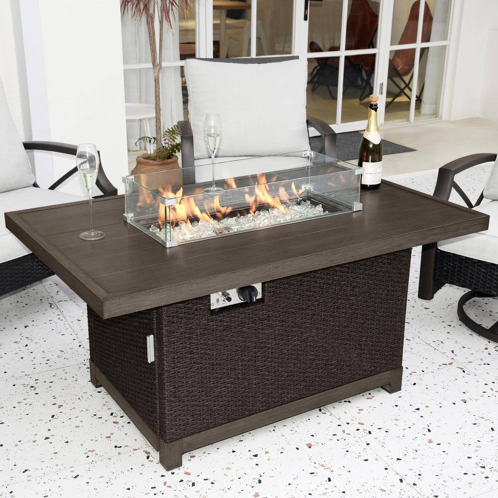 Kinger Home Brown 52 in. 50000 BTU Rectangular Rattan Wicker Propane Outdoor Fire Pit Table FP-003TBRN