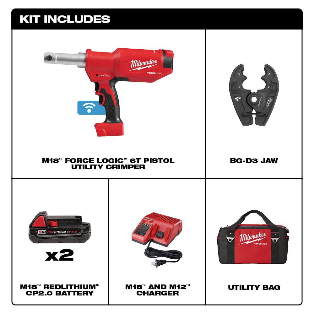 Milwaukee M18 FORCE LOGIC 6T Pistol Utility Crimper with BG-D3 Jaw 2977-22BG from Milwaukee