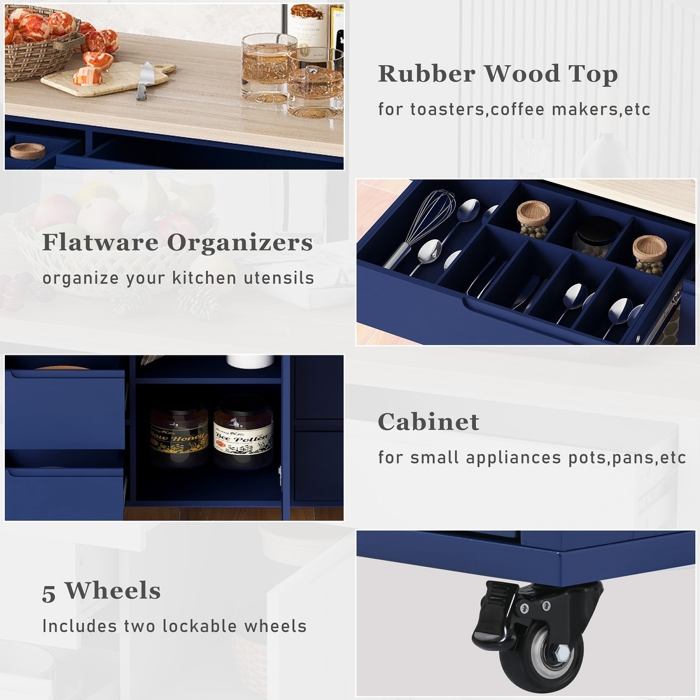 Kitchen Cart with Wood Countertop  Kitchen Island Has 8 Handle Free Drawers