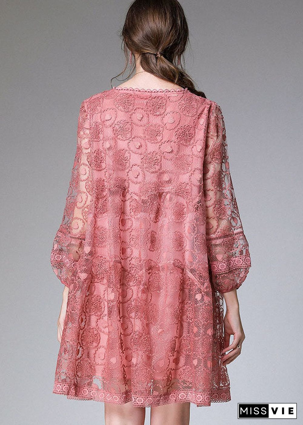 Fitted Pink Embroideried Patchwork Lace Mid Dress Long Sleeve