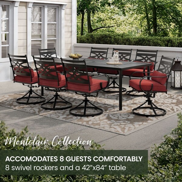 Hanover Montclair 9Piece Dining Set in Chili Red with 8 Swivel Rockers and a 42In. x 84In. Table