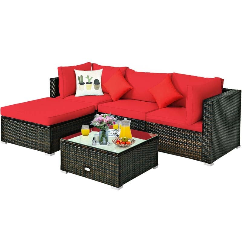 5 Pcs Outdoor Patio Rattan Furniture Sectional Sofa Set Wicker Conversation Set with Cushions