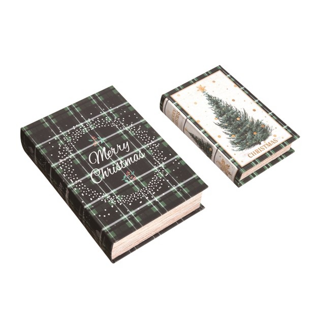 Transpac Wood 11 81 In Multicolor Christmas Tartan Nesting Book Boxes Set Of 2