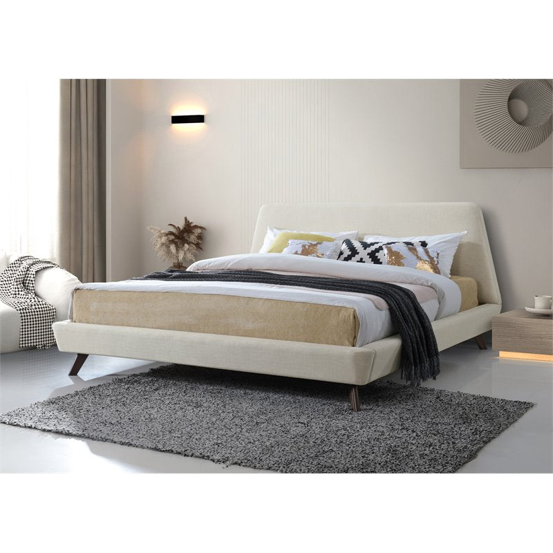 Omax Decor Henry Wood and Fabric Upholstered King Platform Bed in Beige