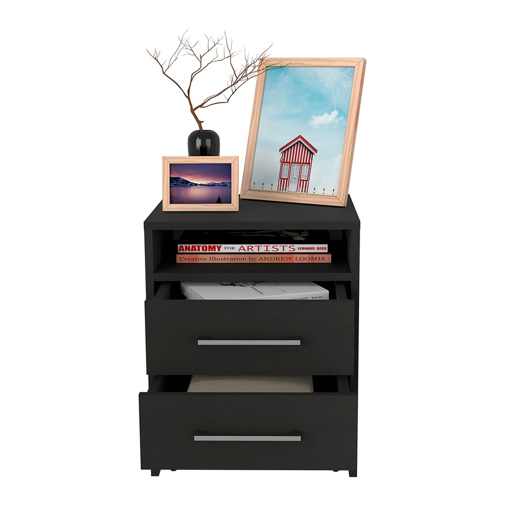 Wooden Nightstand with Two Drawers and Metal Handles