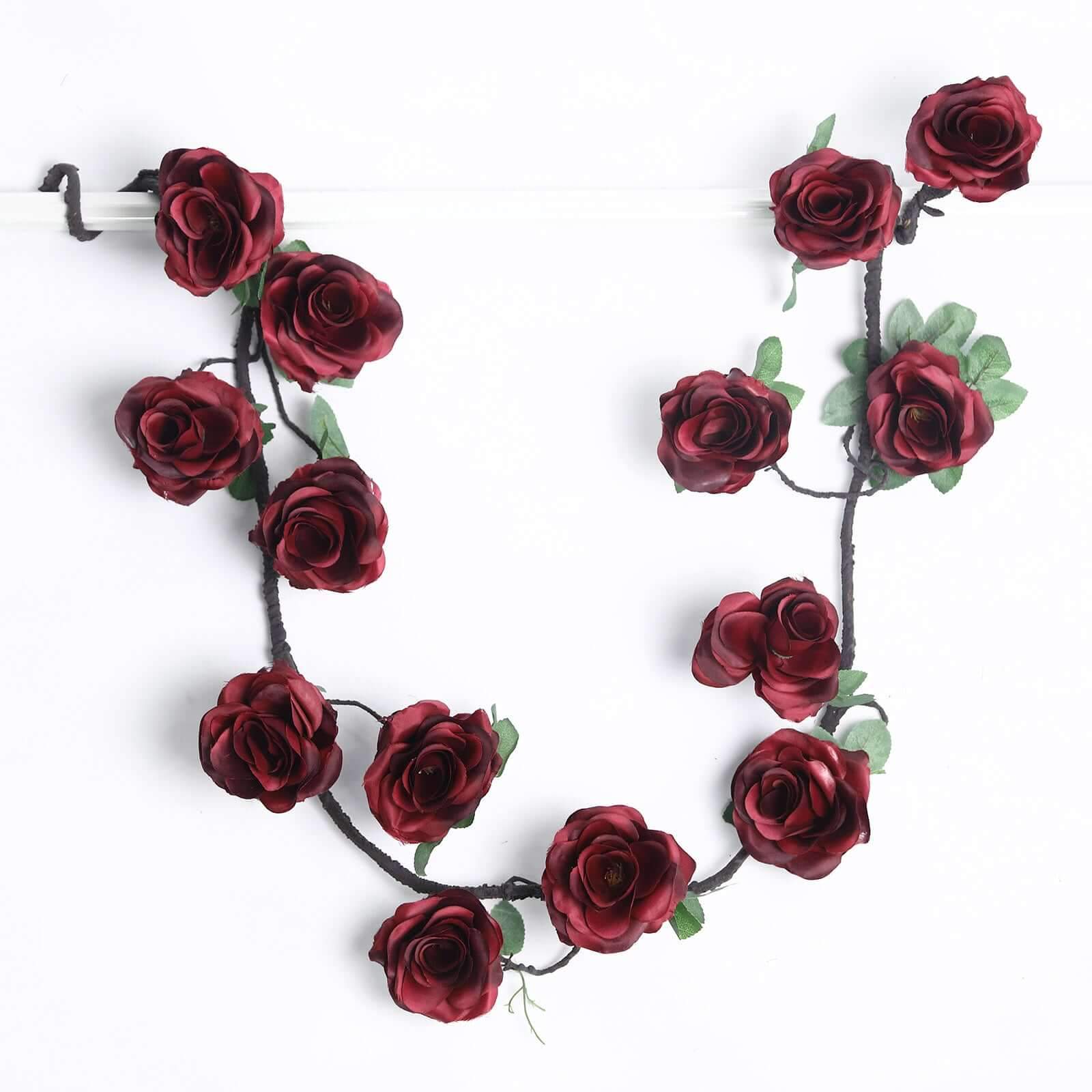 Burgundy Artificial Silk Rose Hanging Flower Garland, Faux Vine 6ft