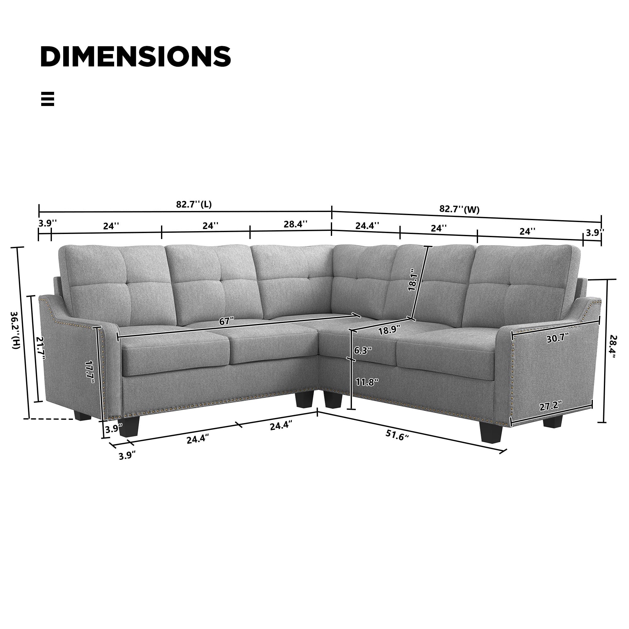 HONBAY Microfiber Sectional Corner Sofa Couch with Nailhead Trim for Home and Office, Light Gray