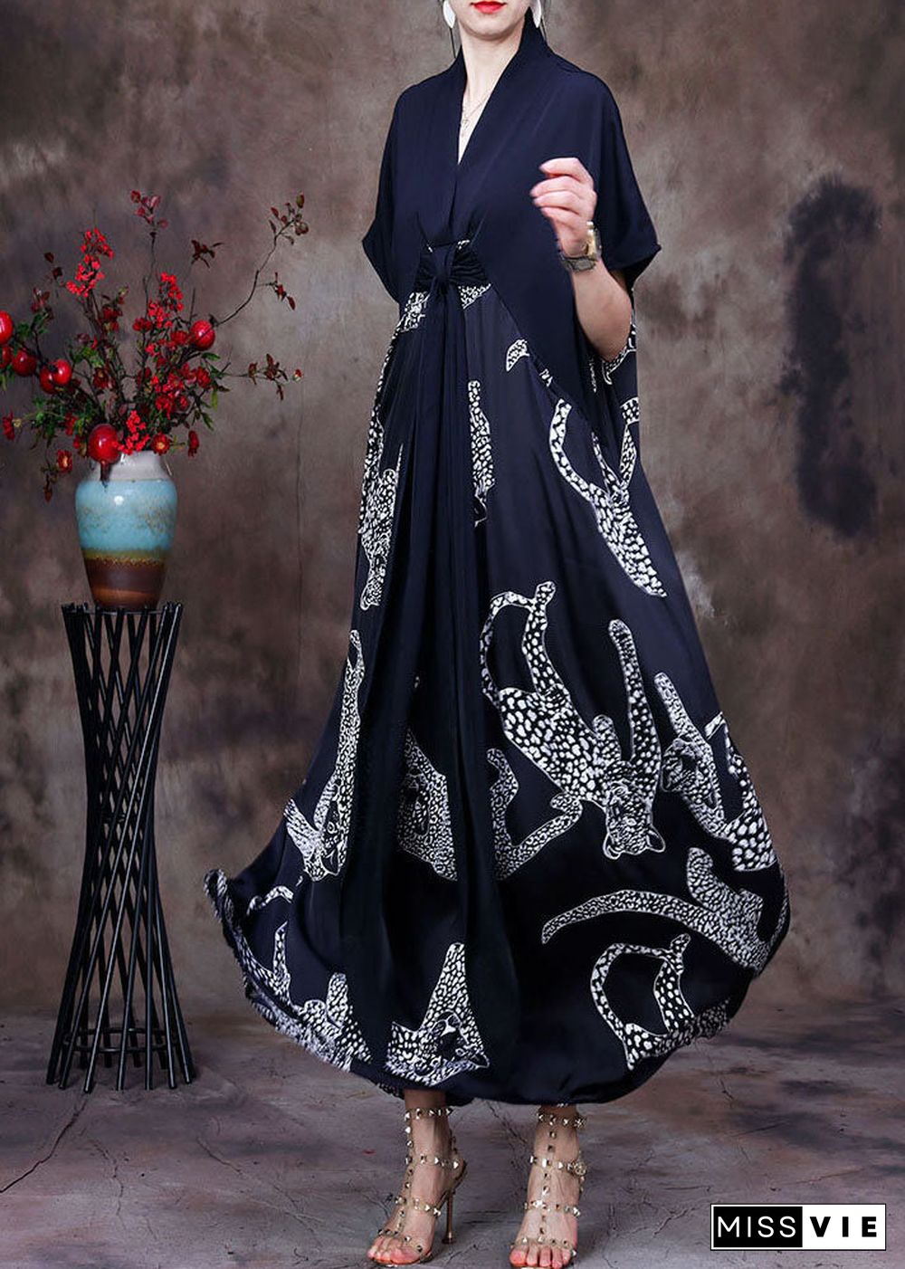 Loose Black V Neck Patchwork Print Silk Vacation Long Dress Short Sleeve