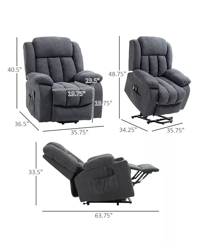 HOMCOM Power Lift Chair for Elderly Big and Tall with Massage Linen Fabric Upholstered Recliner Sofa Chair with Remote Control Side Pockets Grey