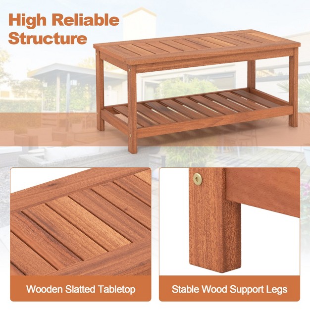 Tangkula Patio Hardwood Coffee Table 2 tier Wooden Coffee Table With Slatted Tabletop amp Storage Shelf Outdoor Rectangular Cocktail Table