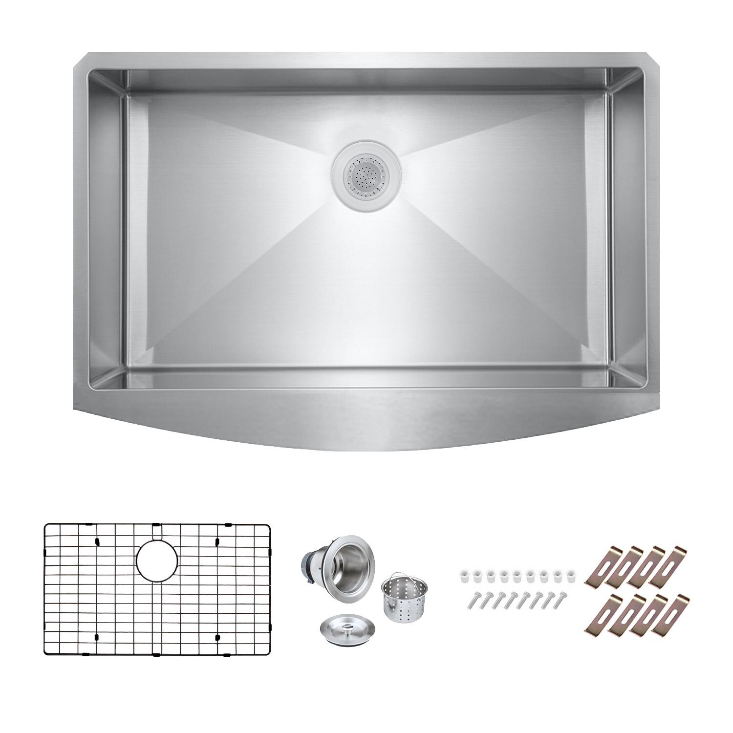 Signature Farmhouse Bowed Apron Stainless Steel 33-Inch Sink W/Grid and Strainer