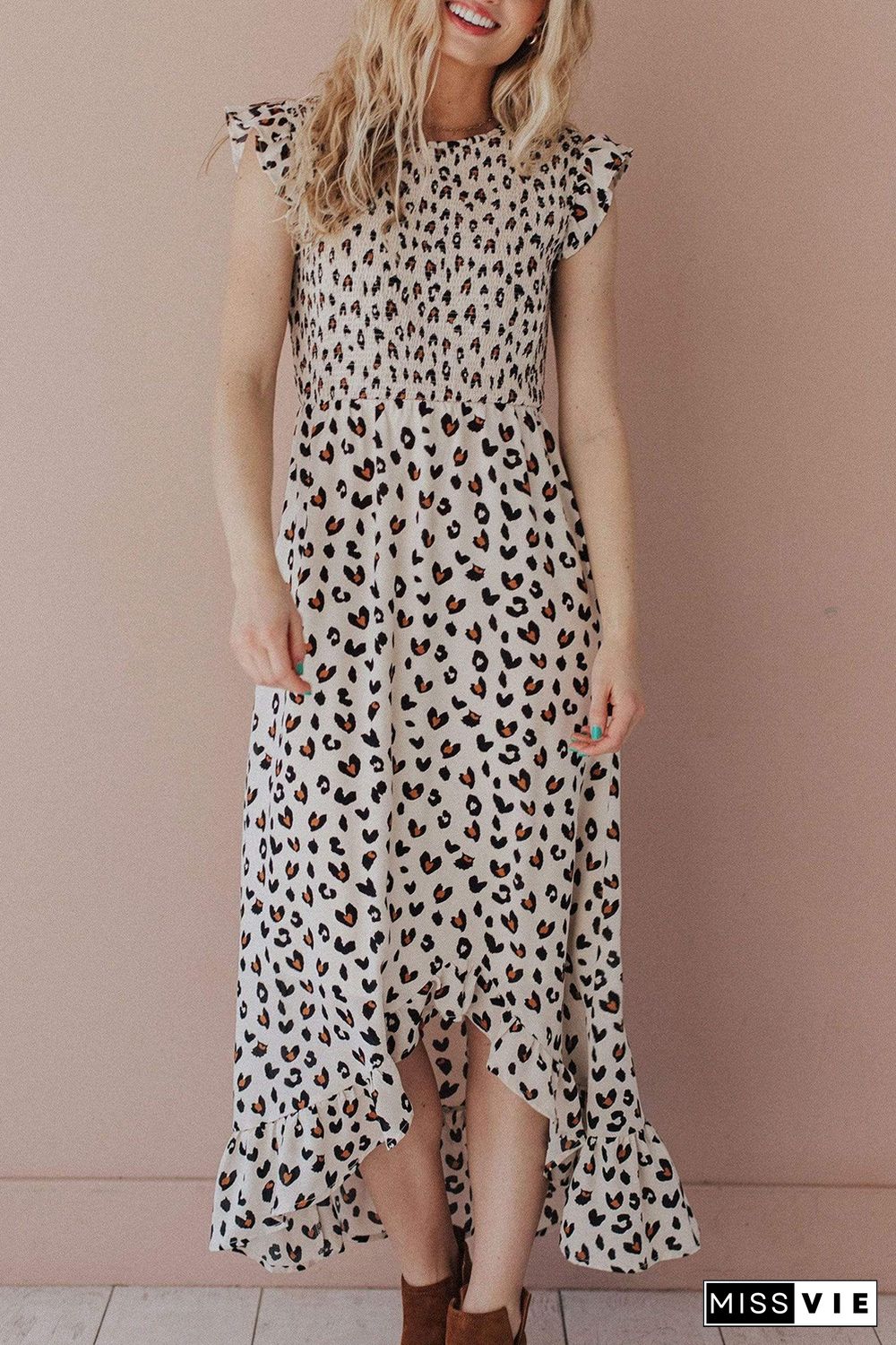 White Leopard Smocked High Low Midi Dress