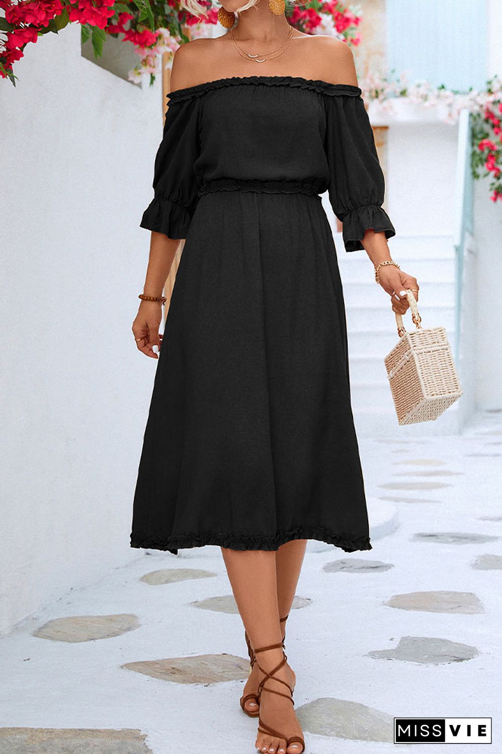 Off Shoulder Ruffles High Waist Midi Dress