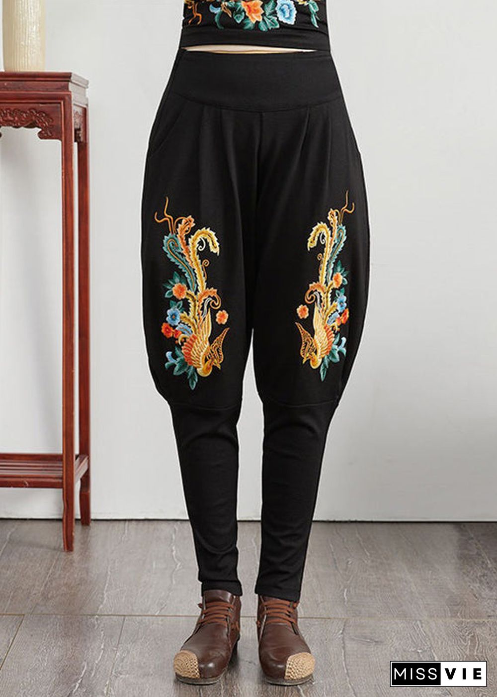 Loose Phoenix Embroideried Pockets Patchwork Cotton Pants Fall