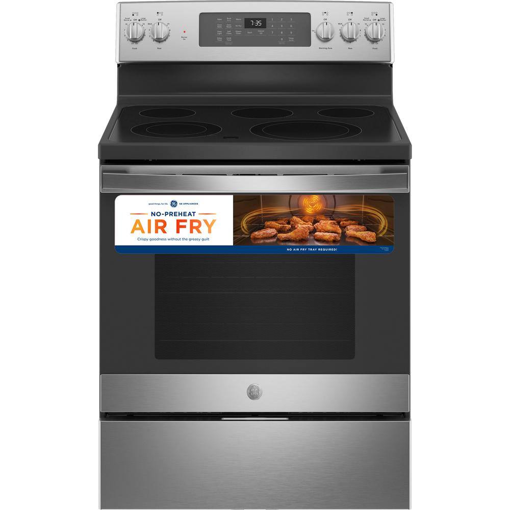 GE 30 in. 5.3 cu. ft. Freestanding Electric Range in Stainless Steel with Convection Air Fry Cooking JB735SPSS