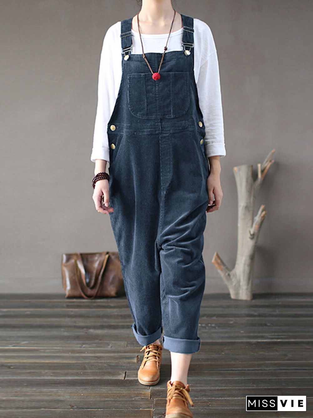 Solid Color Button Pockets Sleeveless Corduroy Jumpsuits