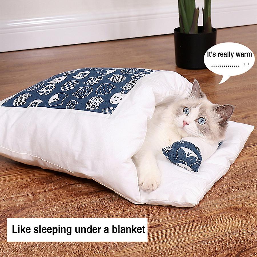 Cat Sleeping Bag Cat Winter Warm Pet Mat Kennel Sleeping Bag Mat Thickening Pet Nest Closed Removable Washable-l，blue and White