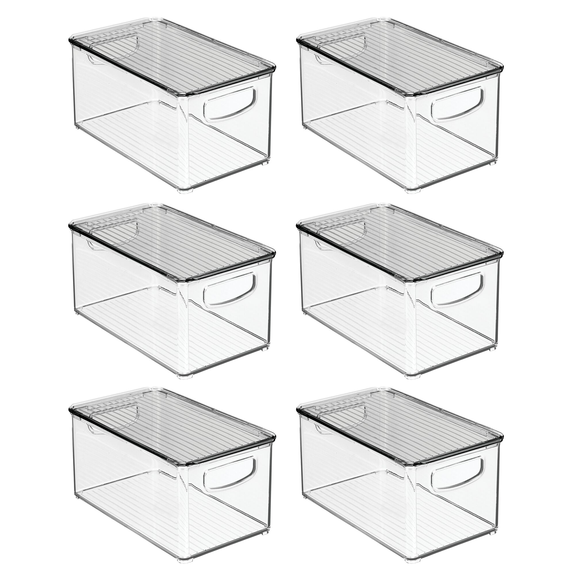 mDesign Plastic Deep Storage Bin Box Container with Lid and Built-In Handles - Organization for Fruit, Snacks, Food in Kitchen Pantry, Cabinet, or Cupboard, Ligne Collection, 6 Pack, Clear/Dark Gray