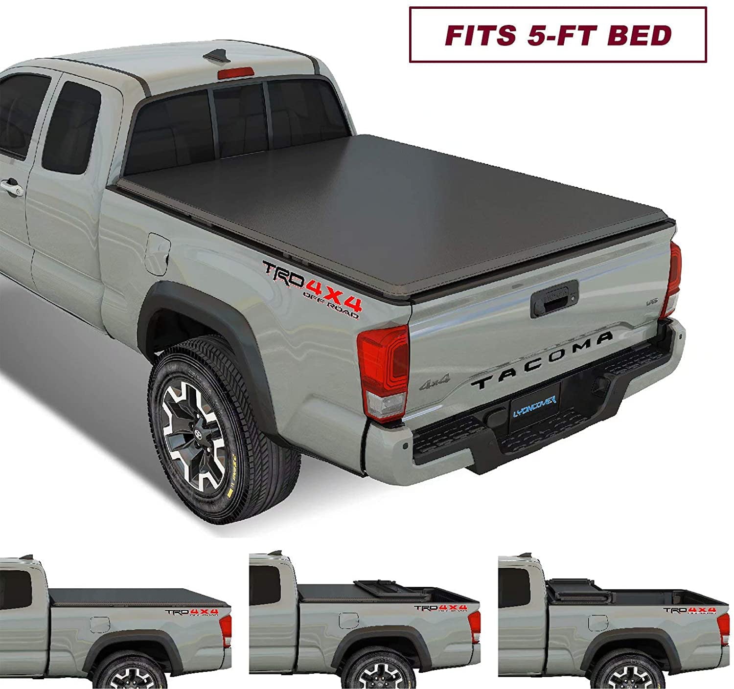 Kikito Professional Soft Tri-Fold Truck Bed Tonneau Cover for 2016-2021 Tacoma 5ft (59.8-60.5in) Bed for Models with or Without The Deckrail System