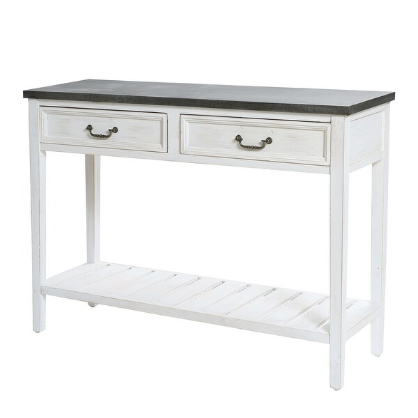 Farmhouse Distressed White Wood and Galvanize Top Console Table - 31.5