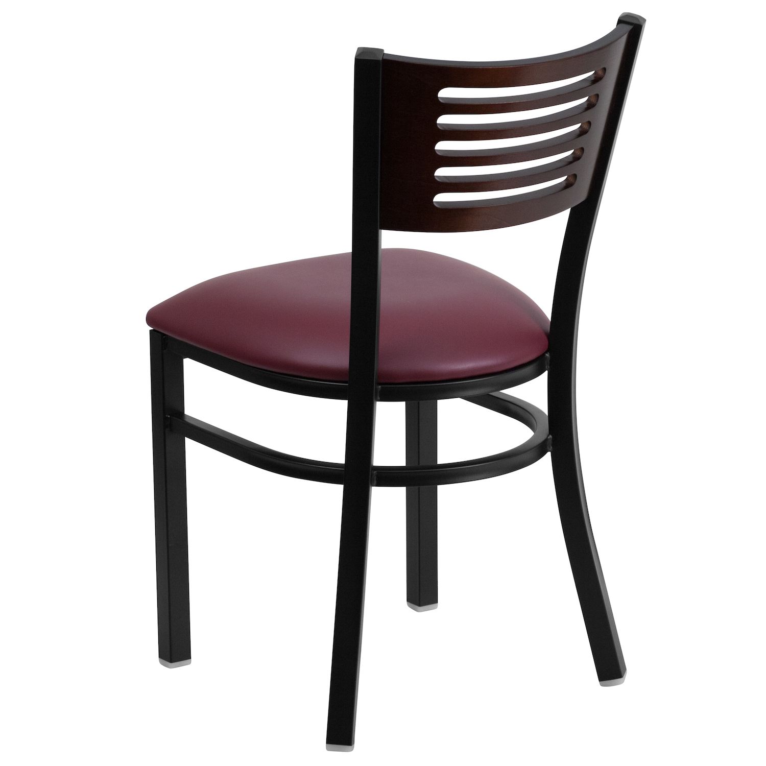 Emma and Oliver Black Slat Back Metal Restaurant Chair - Walnut Wood Back and Seat