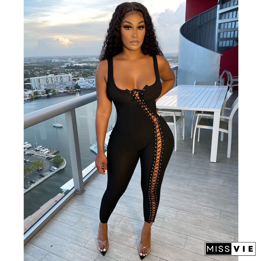 Fashion Summer New Sexy Lace Up Cutout Jumpsuit