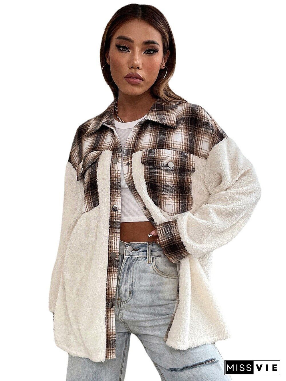 Autumn And Winter New Women's Plaid Coats Lapel Single-breasted Contrast Color Stitching Plaid Plush Jacket Coat Women