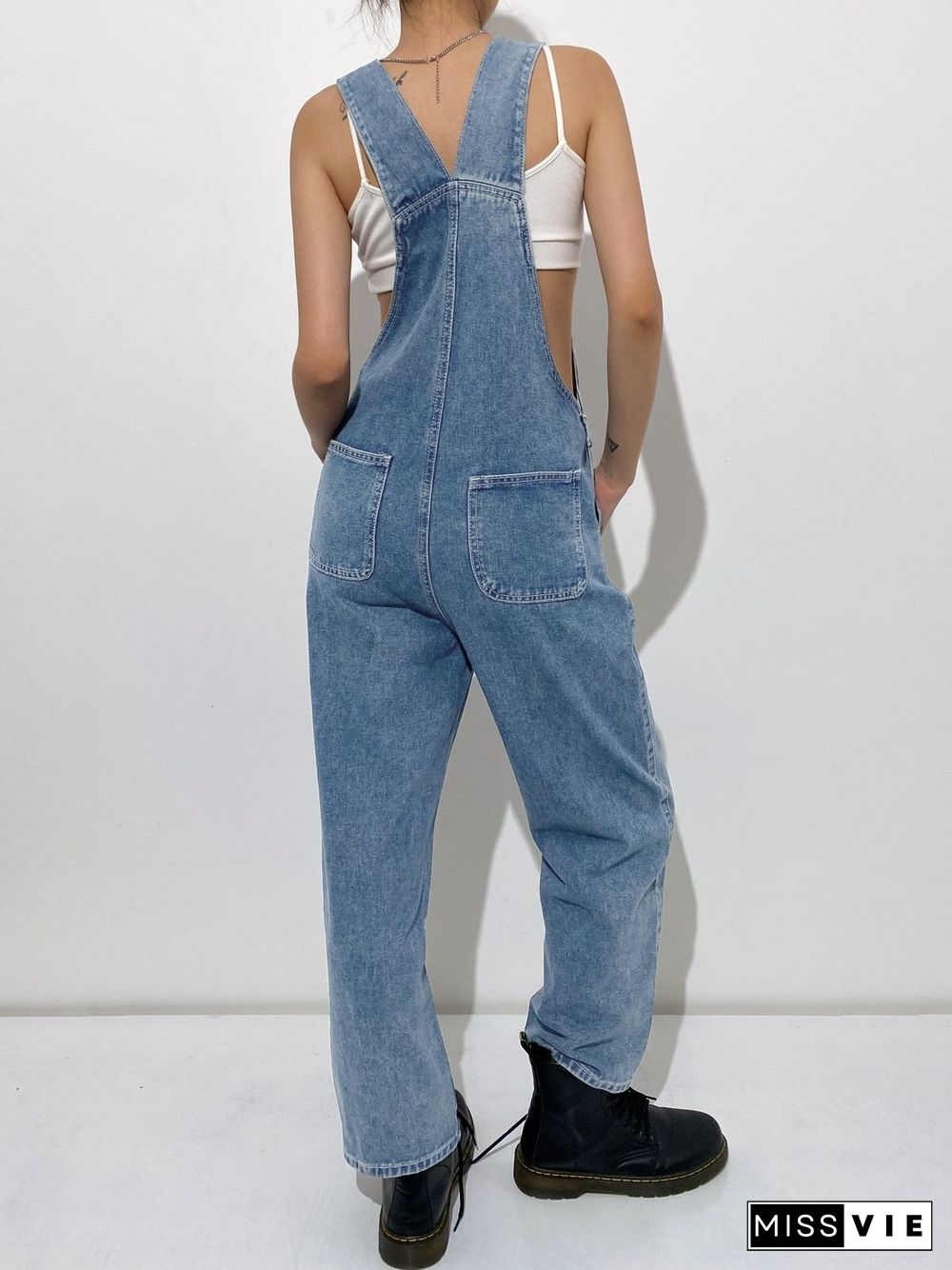 Embroidered Pocket Denim Overalls Jeans