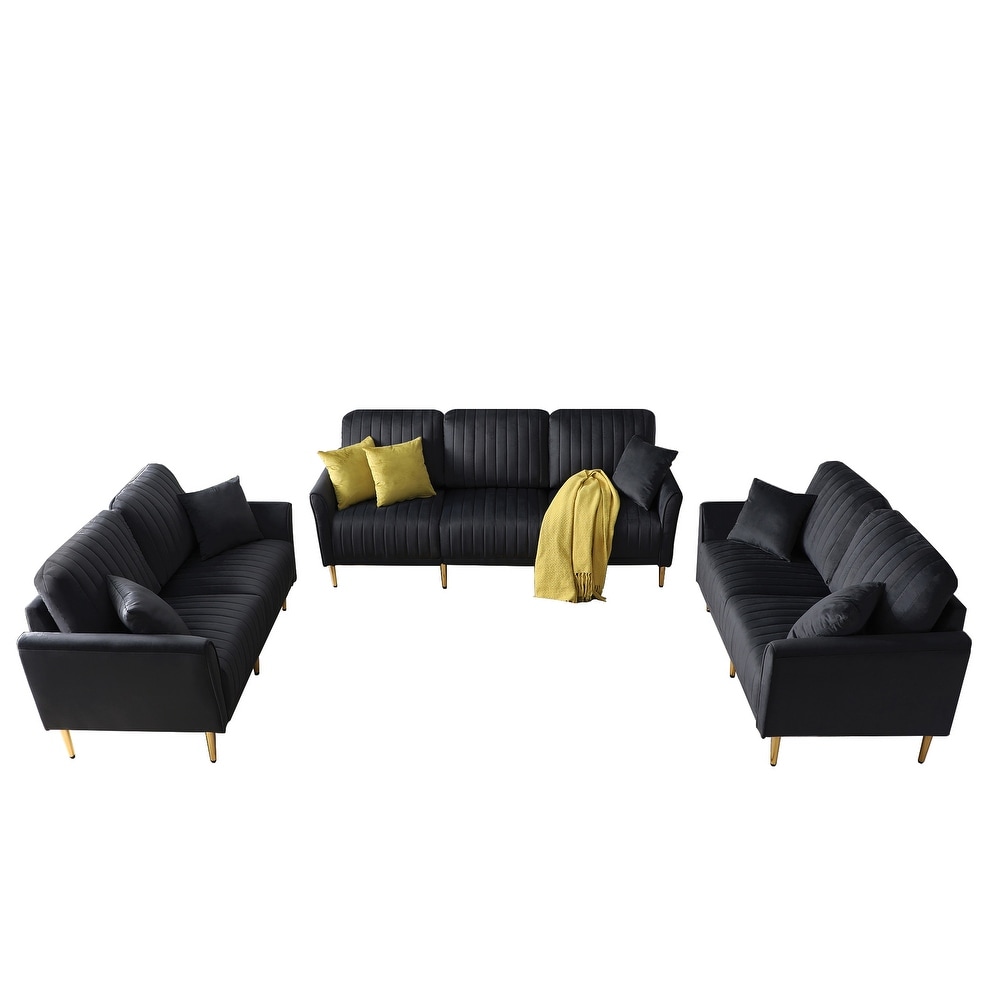 Sumptuous Velvet Sectional Sofa Set  Handcrafted Tufting  3 Piece Furniture  Reversible Back Pillows